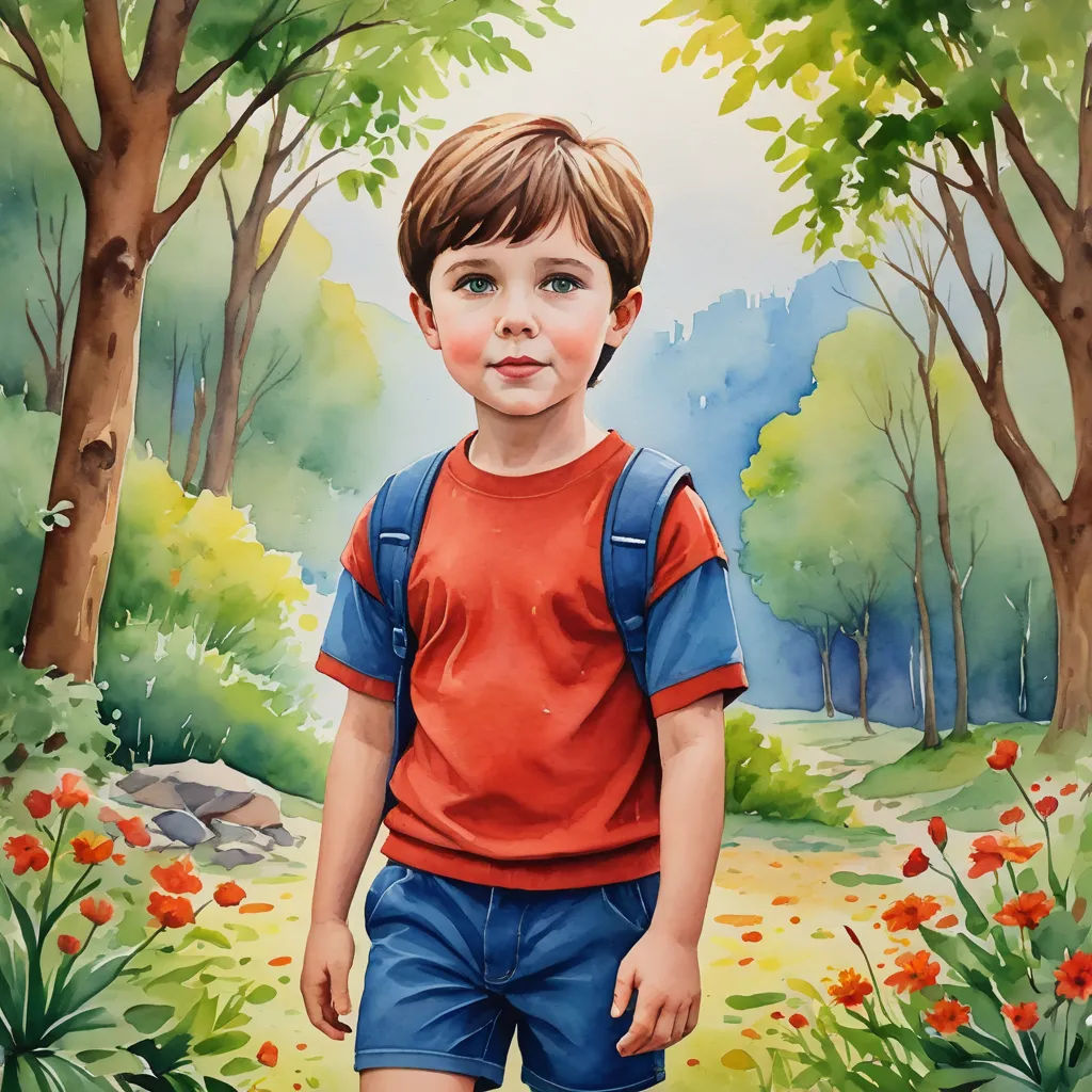 a painting of a boy in a red shirt and blue shorts standing in a forest with flowers and trees, naive art, a storybook illustration, Aaron Jasinski, book cover