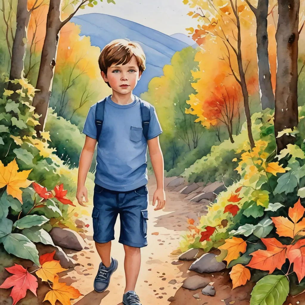 a painting of a boy walking down a path in the woods with fall leaves on the ground and a mountain in the distance, american scene painting, a storybook illustration, Aaron Jasinski, storybook illustration