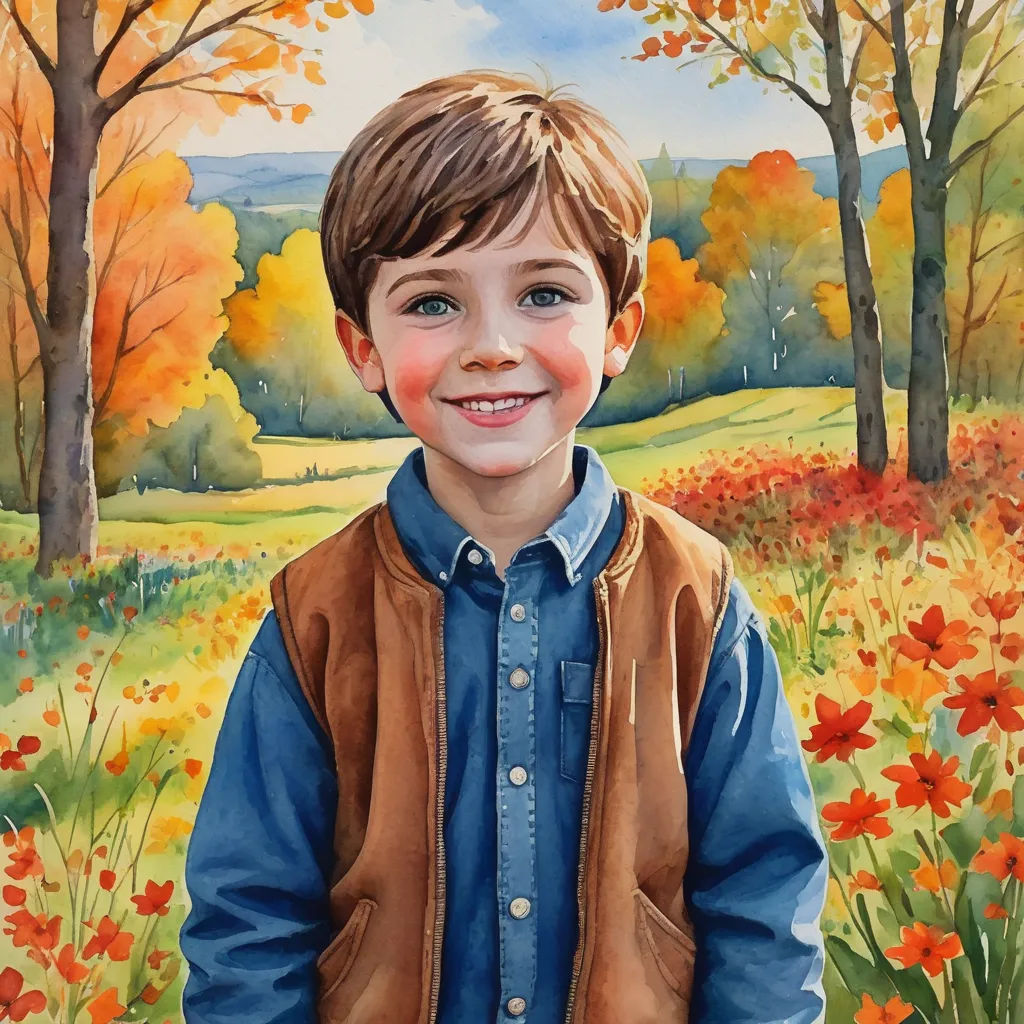 a painting of a boy in a field of flowers and trees with a blue shirt and brown vest on, american scene painting, a detailed painting, Carol Sutton, detailed painting