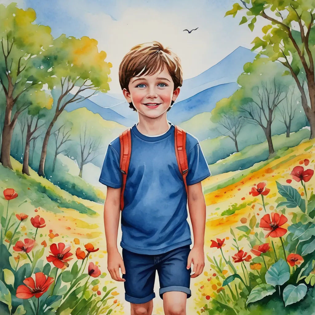 a painting of a boy with a backpack in a field of flowers and trees with a bird flying overhead, metaphysical painting, a watercolor painting, Aaron Jasinski, book cover