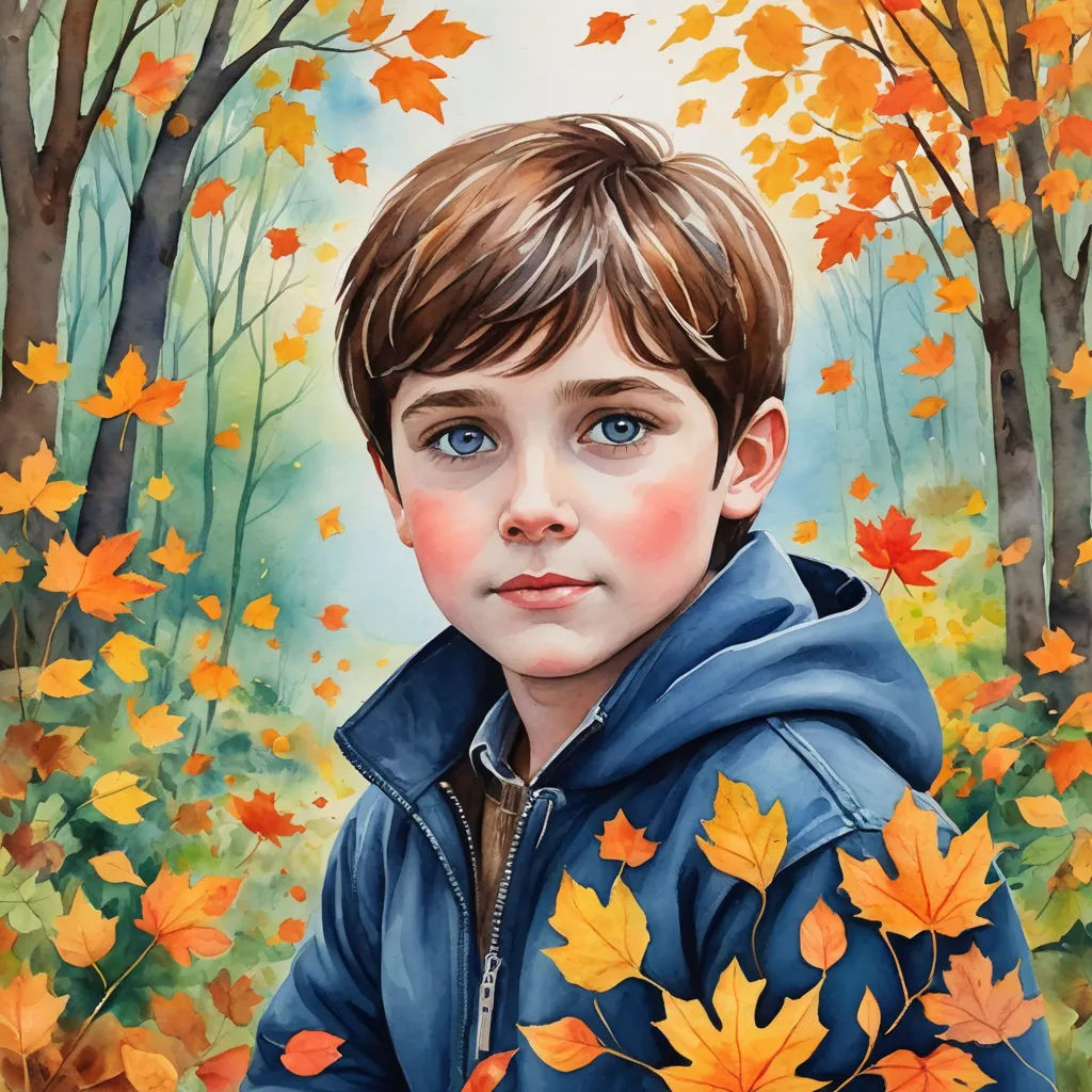 a painting of a boy in a blue jacket in a forest with autumn leaves on the ground and trees, figurative art, a detailed painting, Aaron Jasinski, highly detailed oil painting