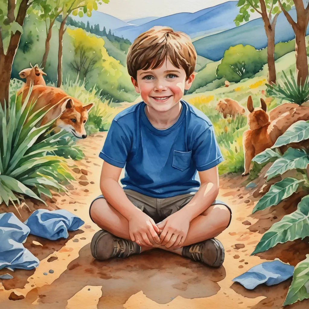 a painting of a boy sitting on a dirt road in front of a forest and a cow on the other side of the road, american scene painting, a storybook illustration, Aaron Jasinski, book cover
