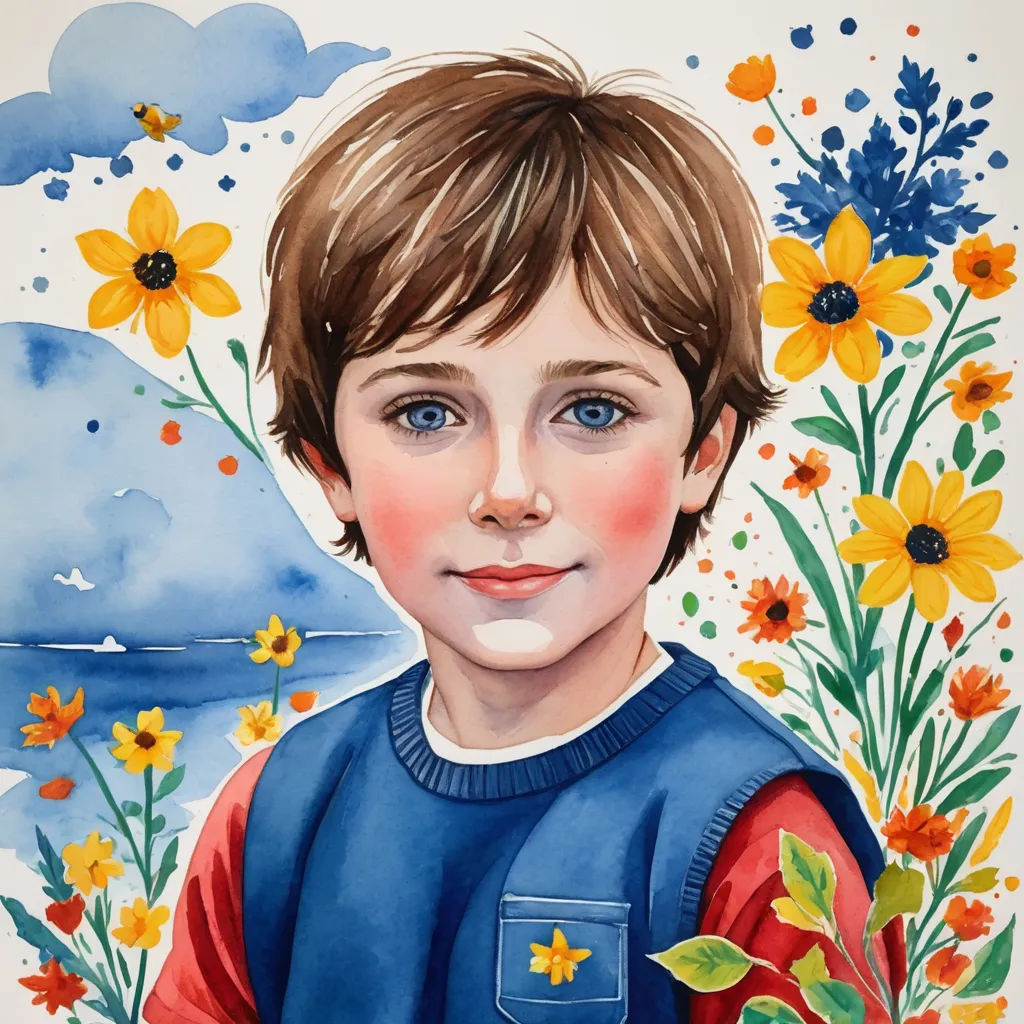 a painting of a boy with flowers in his hair and a blue sweater on, with a mountain in the background, naive art, an ultrafine detailed painting, Diego Gisbert Llorens, in gouache detailed paintings
