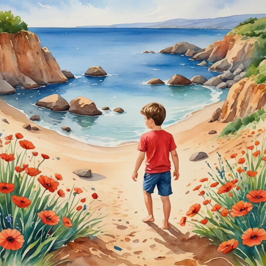 a painting of a boy walking down a path to the beach with red flowers on the sand and a body of water in the background, figurative art, a watercolor painting, Diego Gisbert Llorens, in gouache detailed paintings