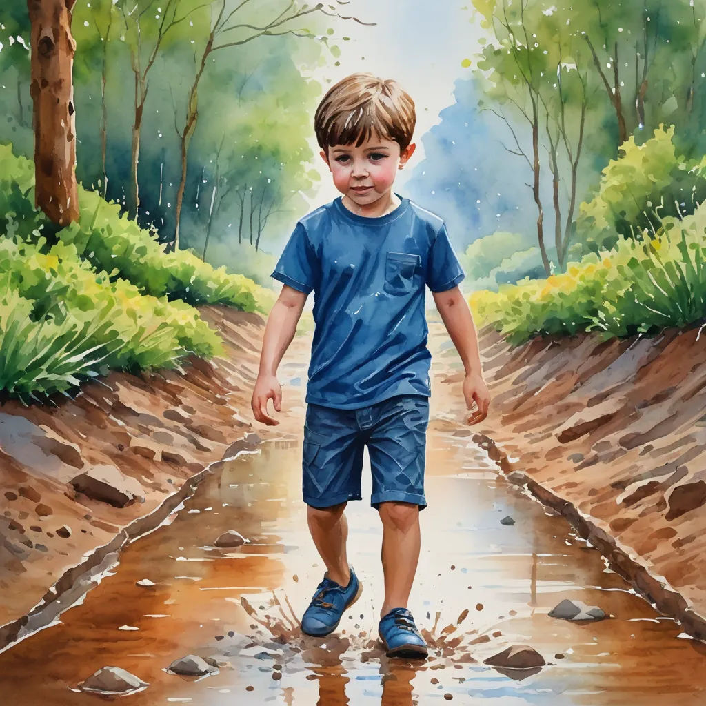 a painting of a boy walking in a puddle of water on a dirt road with trees and bushes in the background, figurative art, an ultrafine detailed painting, Aaron Jasinski, highly detailed digital painting