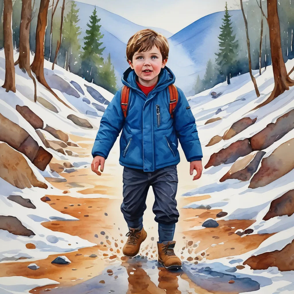 a painting of a boy walking in the snow in a blue jacket and brown boots with a red backpack, photorealism, a watercolor painting, Aaron Jasinski, in gouache detailed paintings
