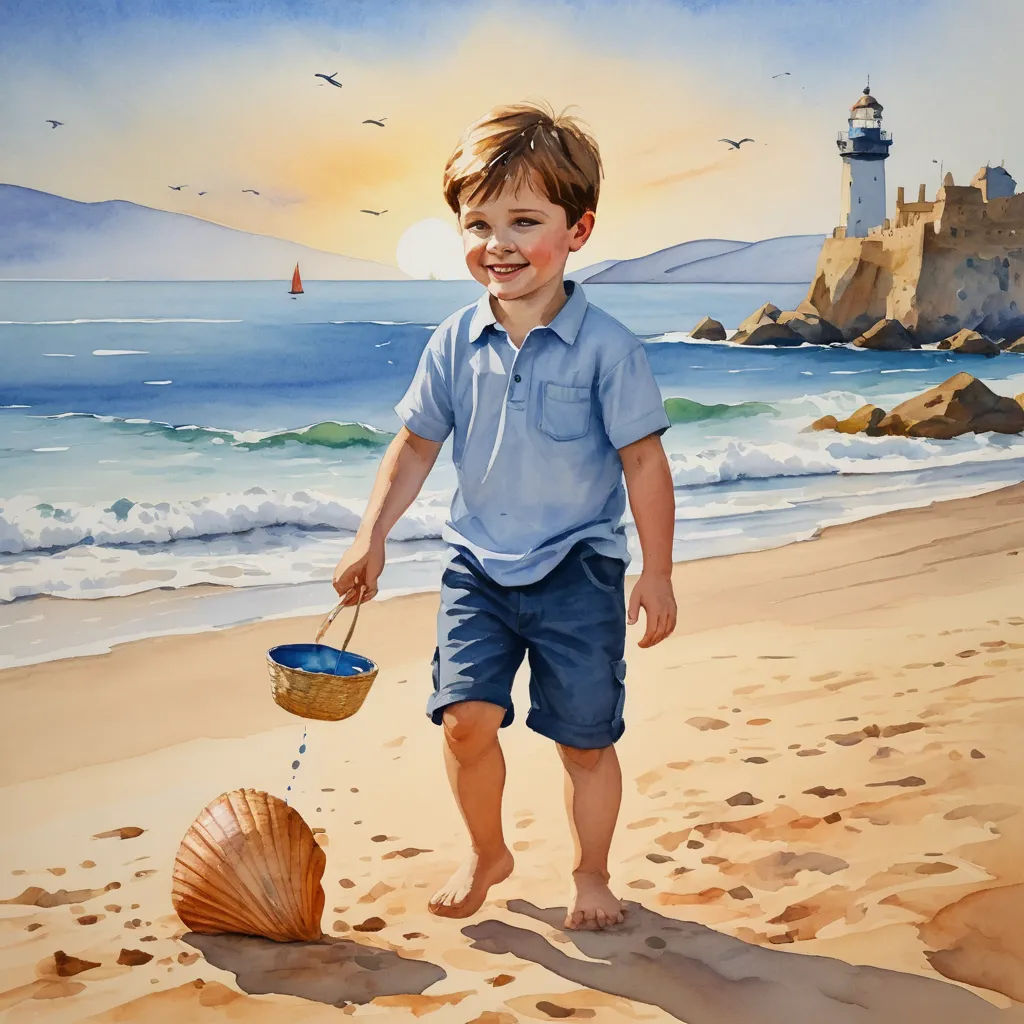 a painting of a boy on the beach with a shell and a basket of sand in his hand and a lighthouse in the background, figurative art, an airbrush painting, Bob Byerley, detailed painting
