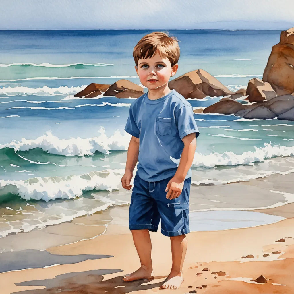 a painting of a boy standing on the beach with a surfboard in his hand and a rock in the background, figurative art, a watercolor painting, Colin Middleton, in gouache detailed paintings