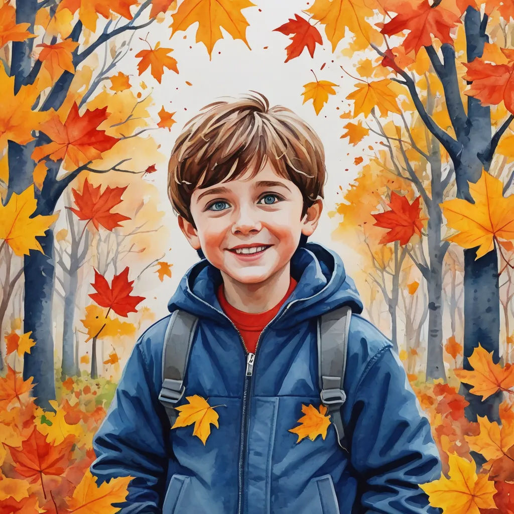 a painting of a boy in a blue jacket in a forest with autumn leaves on the ground and trees, photorealism, a detailed painting, Aaron Jasinski, detailed painting