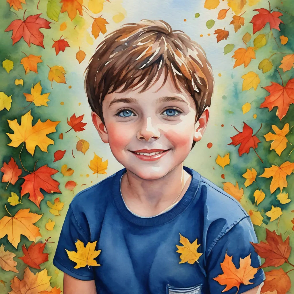 a painting of a boy in a blue shirt with autumn leaves around him and a blue sky in the background, photorealism, a watercolor painting, Aaron Jasinski, photorealistic portrait