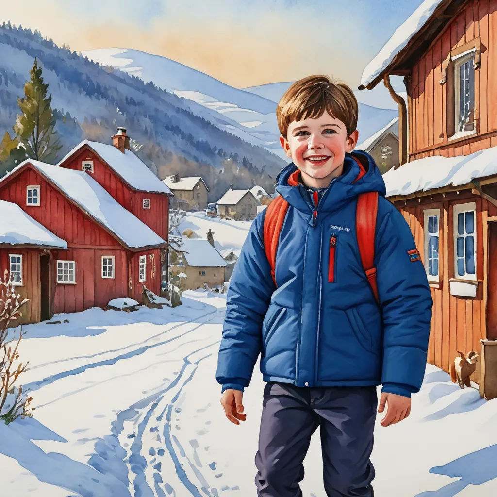 a painting of a boy in a blue jacket standing in the snow in front of a red house and a mountain, naive art, a storybook illustration, Bob Byerley, in gouache detailed paintings