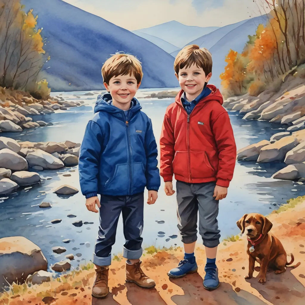 two boys standing next to each other near a river and a dog on the ground near a mountain range, photorealism, a detailed painting, Brothers Hildebrandt, detailed painting