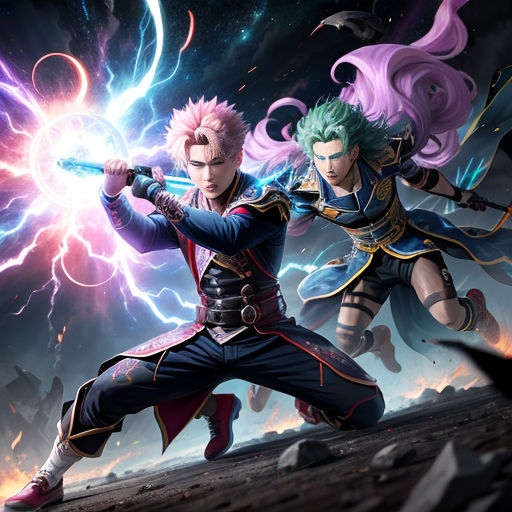 two anime characters in a battle with lightnings in the background and a dark sky behind them, one holding a sword