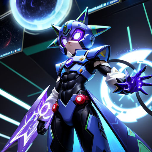 a cartoon character holding a sword and a ball in the background with a futuristic background and a blue and white background