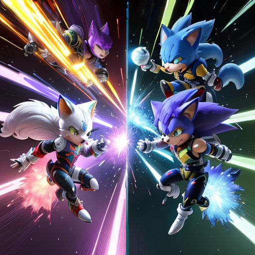 sonic and tails are in a space scene with bright lights and a black background with a white cat and a red and blue sonic