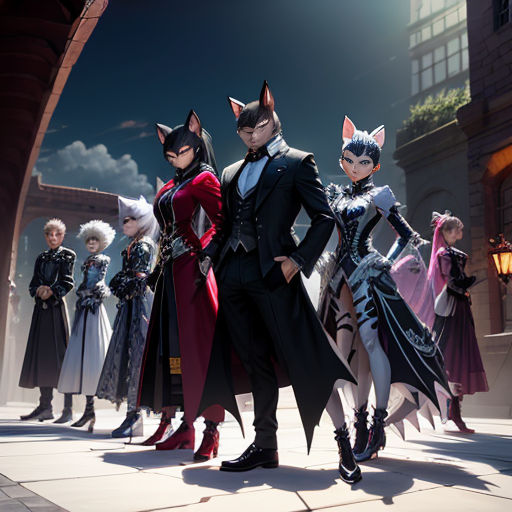 a group of cats standing next to each other in front of a building with a sky background and a building