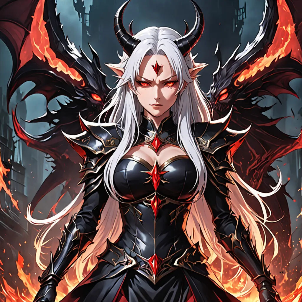 a woman with white hair and a demon like outfit standing in front of a fire background with flames and a demon like body, fantasy art, a detailed painting, Anne Stokes, epic fantasy character art
