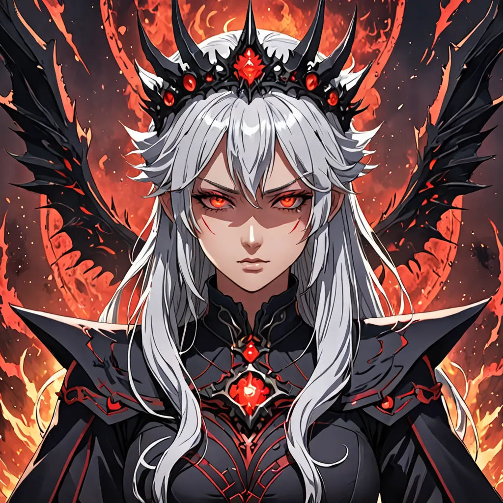 a woman with white hair and a crown on her head, standing in front of a fire background with wings, fantasy art, a character portrait, Anne Stokes, epic fantasy character art