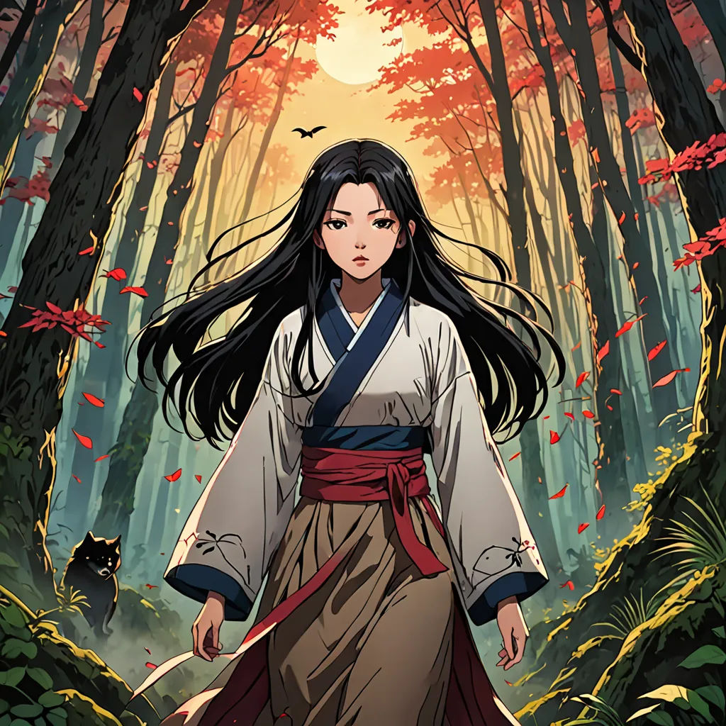 a woman in a kimono walking through a forest with a cat in the background and a full moon in the sky, fantasy art, poster art, Choi Buk, official art