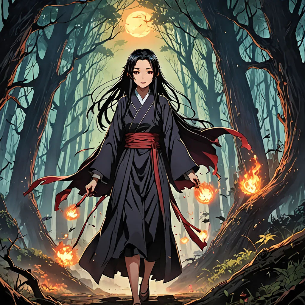 a woman in a kimono walking through a forest with fire in her hands and a full moon in the background, fantasy art, concept art, Fan Qi, official art