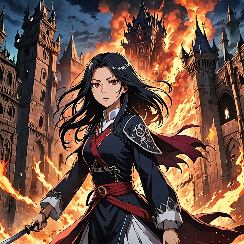 a woman in a long dress holding a sword in front of a castle with flames in the background and a red flame coming from her, sots art, concept art, Anne Said, official art