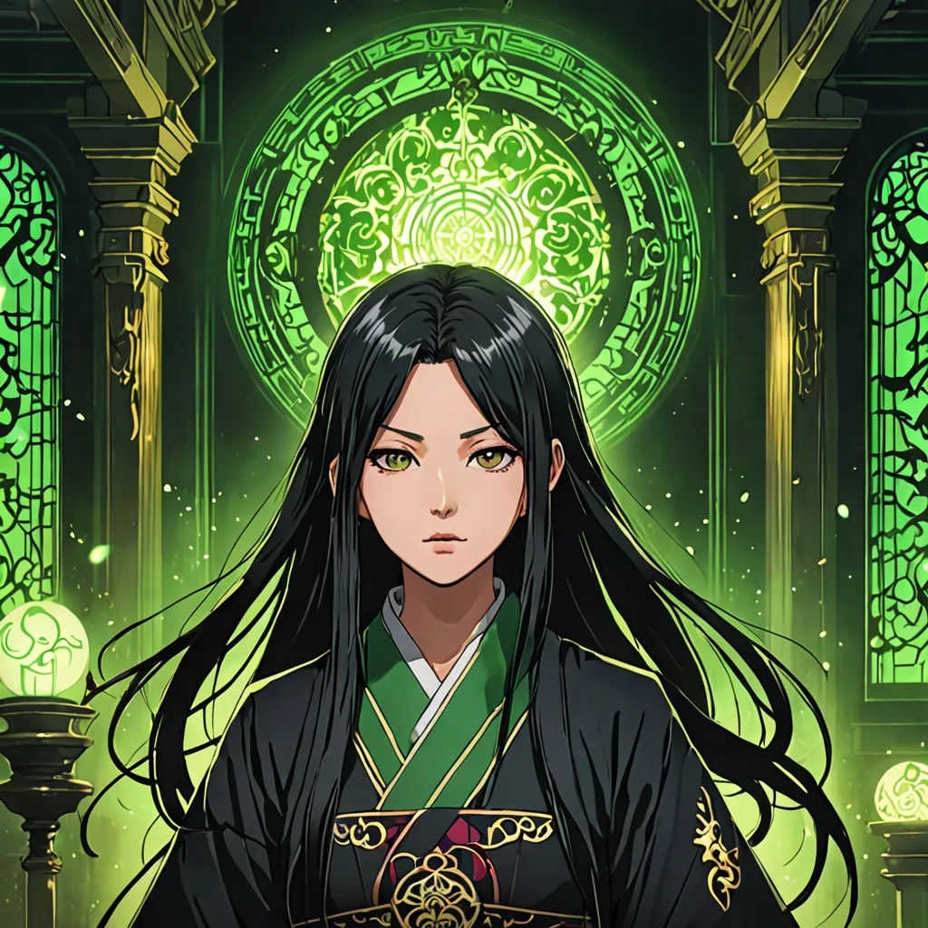 a woman in a green and black outfit with long hair and a green background with a circular window and a green light, sots art, a character portrait, Emperor Huizong of Song, official art