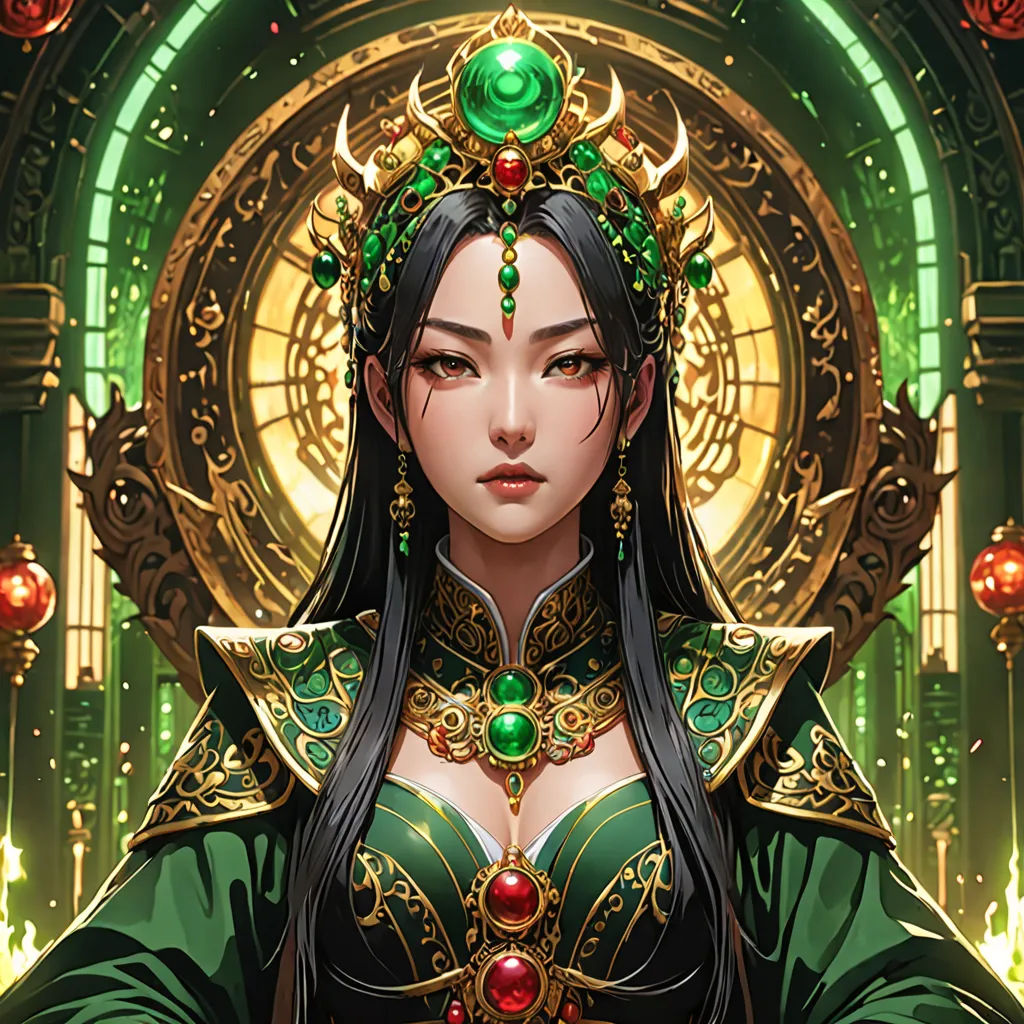 a woman in a green dress with a green crown on her head and a green ring around her neck, fantasy art, a detailed painting, Fan Qi, high detail illustration