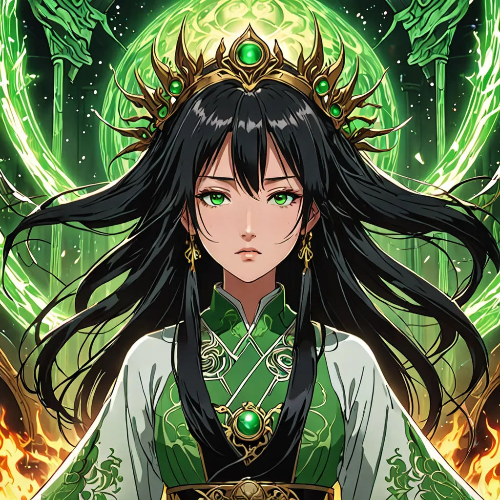 a woman in a green and white outfit with a dragon on her head and a green background with a green circle, fantasy art, a character portrait, Fan Qi, official art