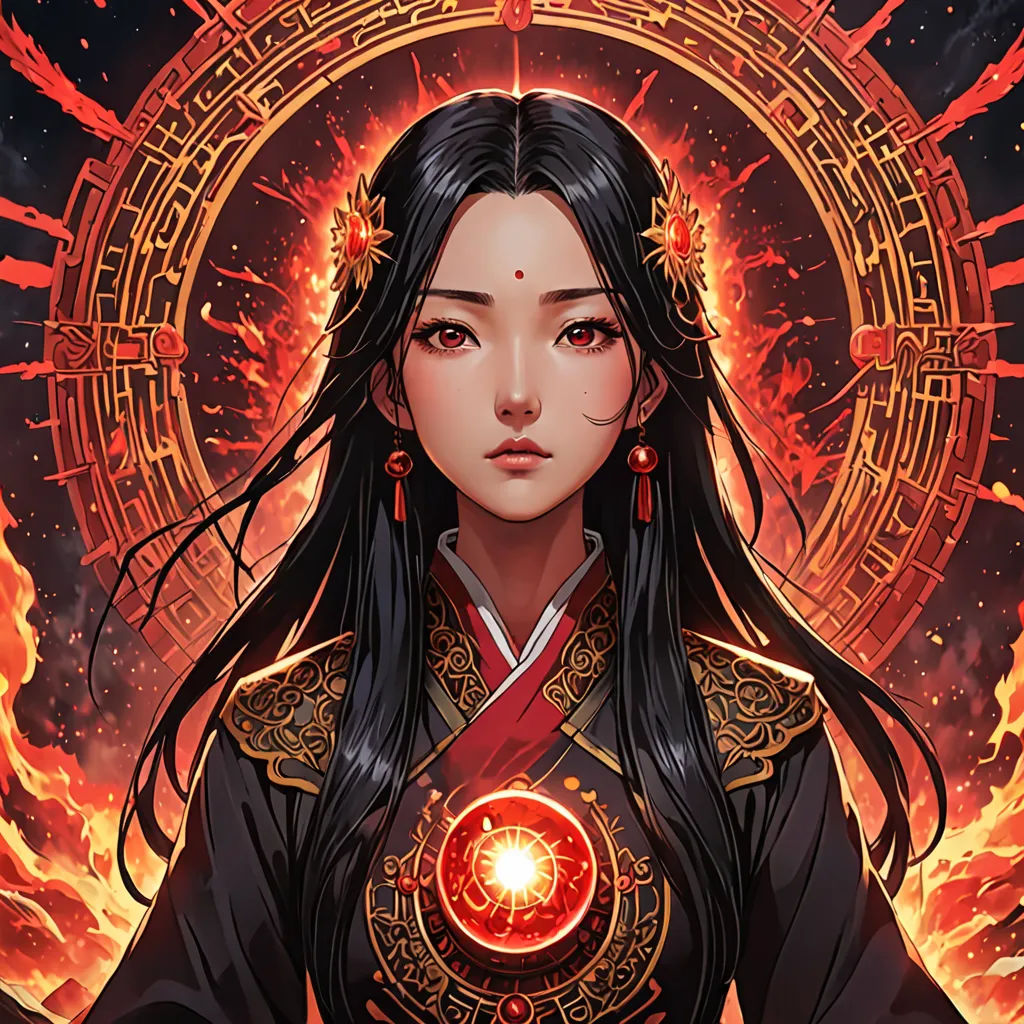 a woman in a black outfit with a red circle around her neck and a red circle around her neck, fantasy art, a detailed painting, Fan Qi, trending on art station
