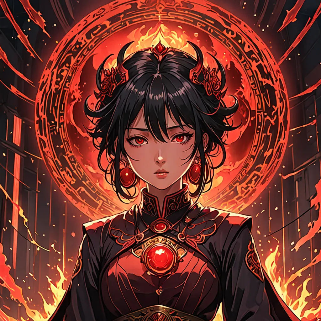 a woman in a red dress with horns and a demon head on her head, standing in front of a red circle, fantasy art, a character portrait, Fan Qi, deviantart artstation