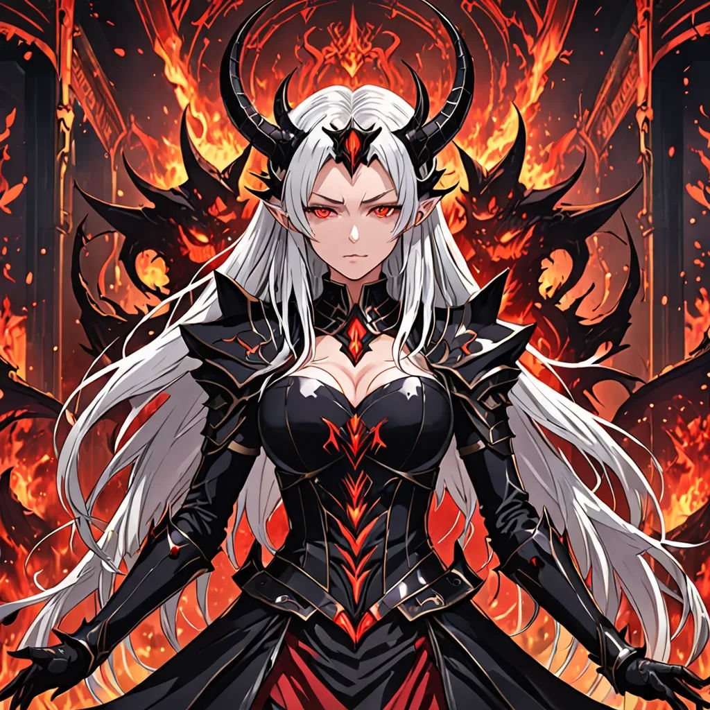 a woman with horns and a demon outfit standing in front of a fire background with flames and flames around her, fantasy art, a character portrait, Du Jin, dragon art