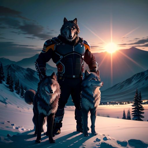 a man standing next to two dogs in the snow at sunset with mountains in the background and sun shining