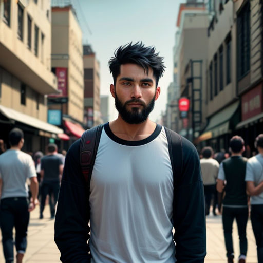 a man with a beard and a backpack on a city street with people walking by him and buildings in the background