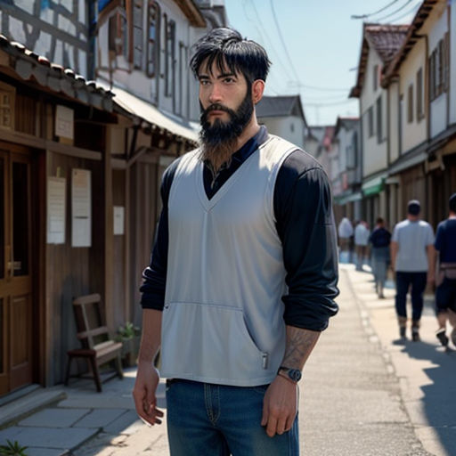 a man with a beard standing on a street corner in a town with people walking by and a building with a sign on it