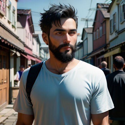 a man with a beard and a backpack on a street in a small town with people walking by and a building
