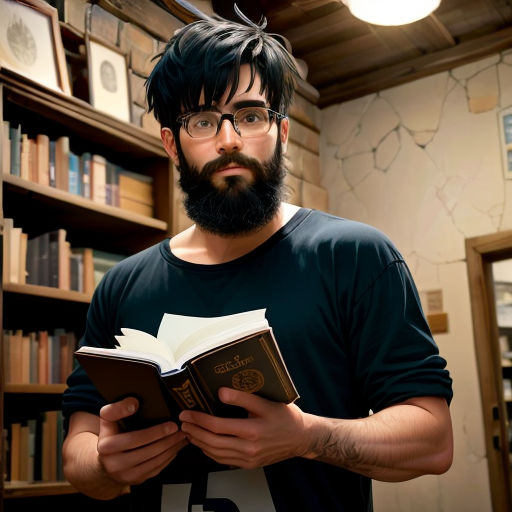 a man with a beard and glasses is reading a book in a library with a bookcase full of books