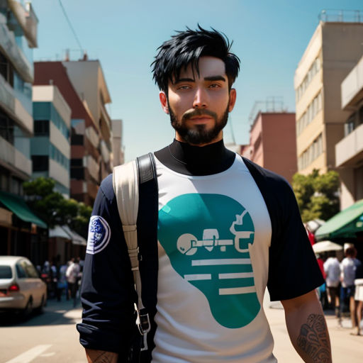 a man with a beard and a t - shirt with a green light bulb on it is standing on a street
