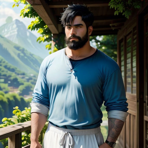a man with a beard and a blue shirt is standing on a porch with a mountain in the background