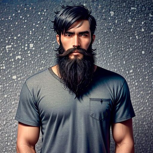 a man with a long beard and a beard mustache standing in front of a wall with rain drops on it