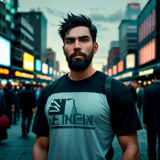 a man with a beard and a black shirt on a city street at night with people walking around him