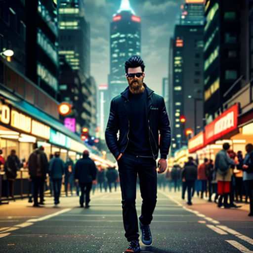 a man walking down a street in a city at night with a beard and sunglasses on, with a cityscape in the background