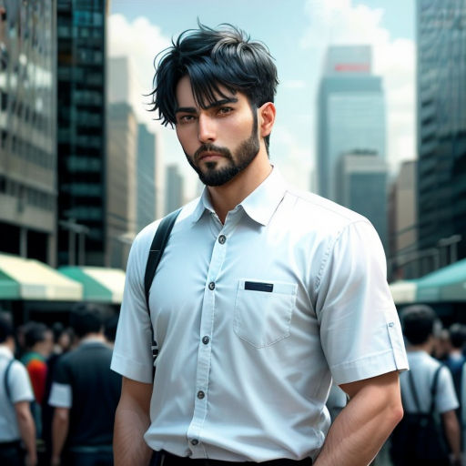 a man with a backpack standing in a city street with a cityscape in the background and a man with a backpack on his shoulder