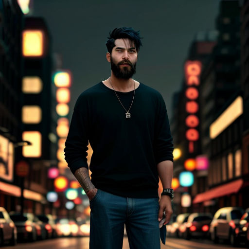 a man standing in the middle of a city street at night with a beard and a black shirt on