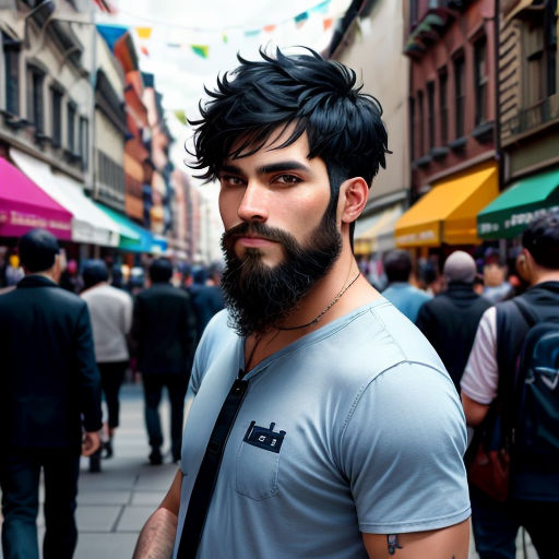 a man with a beard and a tie on a street corner in a city with people walking around and buildings