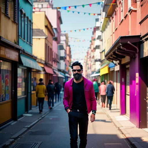 a man walking down a street with a beard and sunglasses on his head and a pink jacket on his jacket