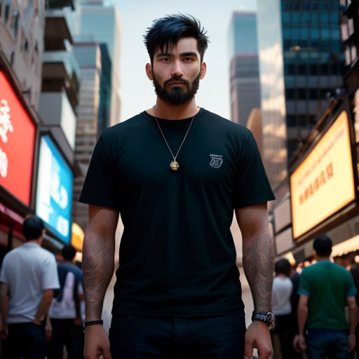 a man with a beard and a black shirt is standing in a crowded street with buildings and people in the background