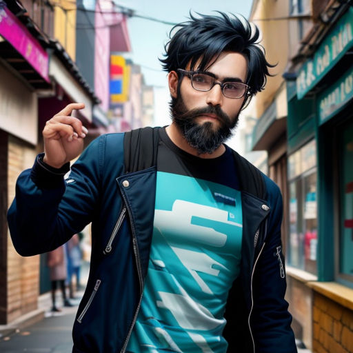 a man with a beard and glasses is pointing to something in the distance on a city street with buildings