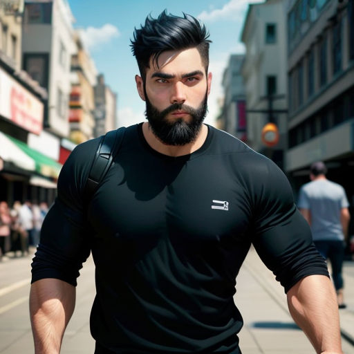 a man with a beard and a black shirt is walking down the street with a backpack on his back