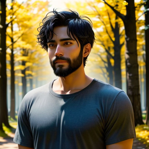 a man with a beard and a beard standing in the woods with trees in the background and sunlight coming through the trees