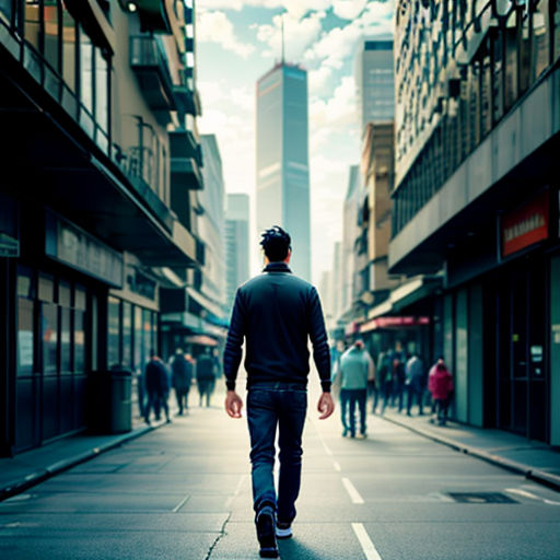 a man walking down a street in a city with tall buildings in the background and a sky line in the foreground